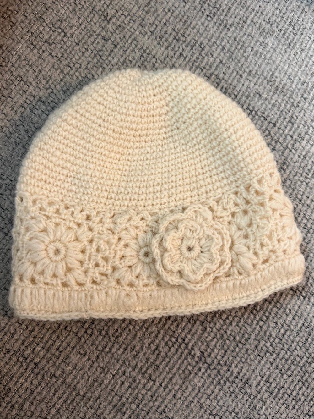 World Market Cream Crochet Wool Beanie